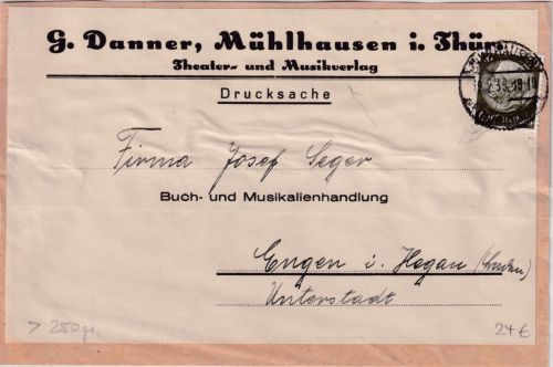 DR - 30 Pfg. Hindenburg Drucksache >250g (Adressträger) Mühlhausen - Engen 1936