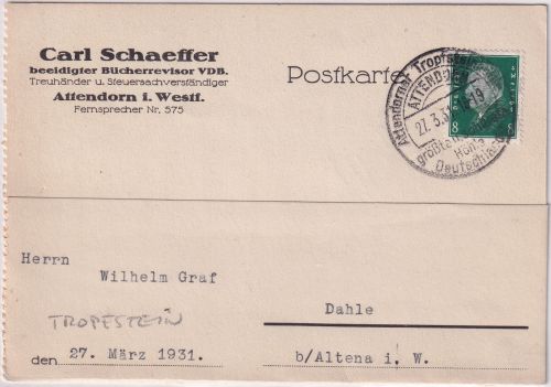 DR - Attendorner Tropfsteinhöhle Handwerbestpl. Karte Attendorn - Dahle 1931