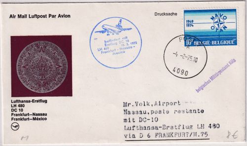 Belgien - 10 F. 25 J. NATO Zuleitungspost LH-Erstflug FFM - Nassau 1975
