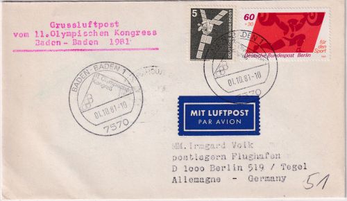 BRD - Baden-Baden 1981 11. Olympischer Kongress SST Luftpostbrief n. Berlin