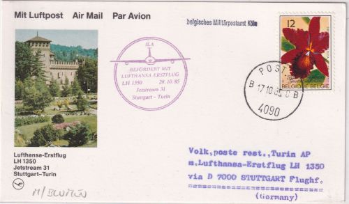 Belgien - 12 Fr. Orchidee Zuleitungspost LH-Erstflug Stuttgart - Turin 1985