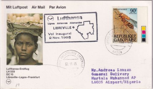 Gabun - 90 Fr. Tsetsefliege Lufthansa-Erstflug Etappe Libreville - Lagos 1985