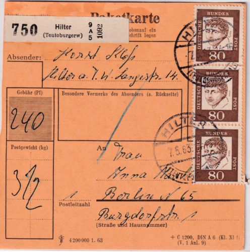 BRD - 80 Pfg. Bed. Deutsche Paketkarte Hilter - Berlin 1963