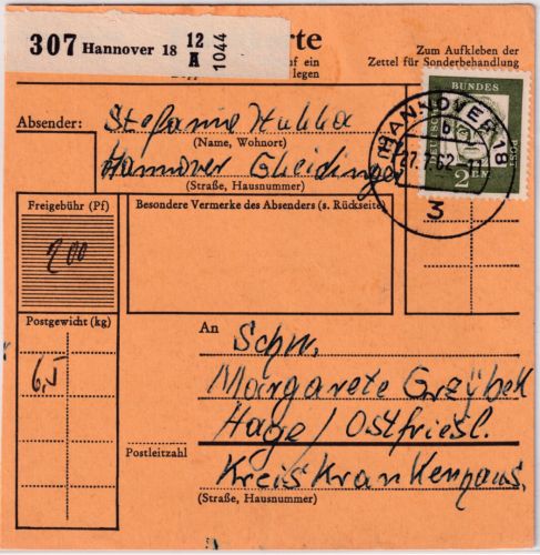 BRD - 2 DM Bed. Deutsche Hauptmann Paketkarte Hannover 18 - Hage 1962