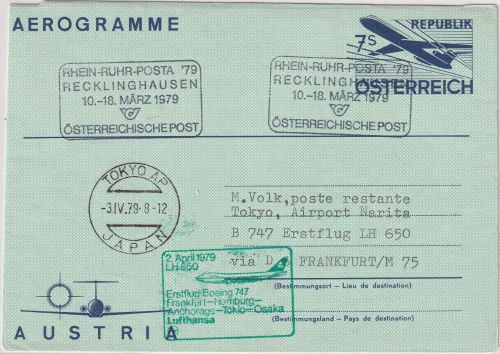 Österreich - 7 S. Aerogramme Zuleitungspost Lufthansa Erstflug FFM - Tokyio 1979