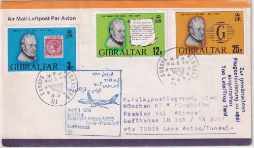 Gibraltar - Zuleitungspost Lufthansa Erstflug Tunis - München 1979