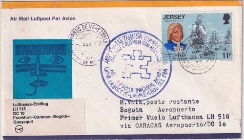 Jersey - 11 P. 200 J. USA Zuleitungspost Lufthansa Erstflug Caracas Bogota 1977