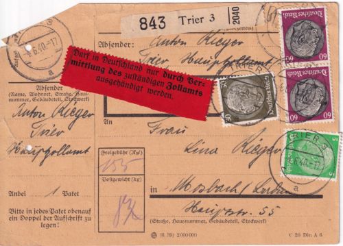 DR - 2x60 Pfg. u.a. Hindenburg Paketkarte Trier - Mosbach 1940 Zollaufkleber