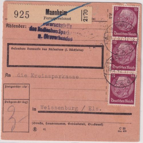 DR - 3x15 Pfg. Hindenburg Paketkarte Mannheim Fernsprechamt - Weissenburg 1942