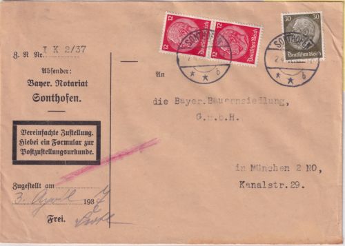 DR - 30+2x12 Pfg. Hindenburg Zustellurkunde Sonthofen - München 1937