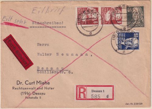 SBZ - 80 Pfg. Persönlichkeiten u.a. Orts-Eil-Einschreibebrief Dessau 1950