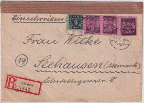 SBZ/Meck-Pom - 3x12+6 Pfg. Freimarken Einschreibebrief Usedom - Seehausen 1946