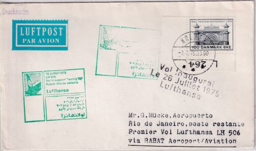 Dänemark - 100 Ö. Pantomimetheater Zuleitungspost LH-Erstflug Rabat - Rio 1975