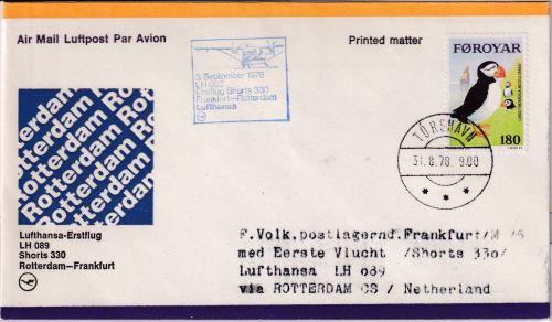Färöer - 180 Ö. Papageitaucher Zuleitungspost LH-Erstflug Rotterdam - FFM 1978
