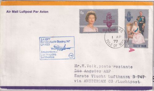 Isle of Man - Zuleitungspost Lufthansa Erstflug Amsterdam - Los Angeles 1977