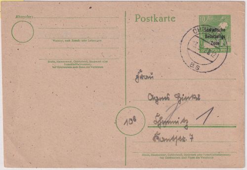 SBZ - 10 Pfg. Arbeiter/Aufdruck Ganzsache Ortskarte Chemnitz 1948