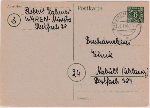 SBZ/Meck.-Pom. - 6 Pfg. Ganzsache Waren (Müritz) - Niebüll 1946