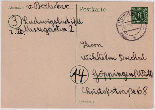 SBZ/Meck.-Pom. - 6 Pfg. Ganzsache Ludwigslust - Göppingen 7.12.45