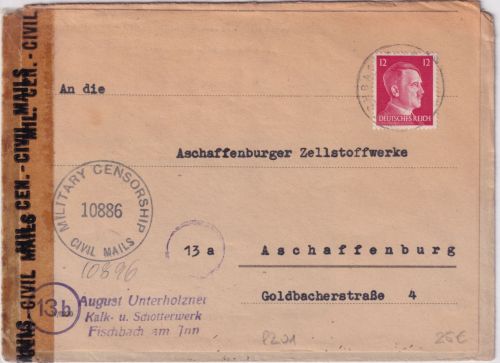DR - 12 Pfg. AH Brief/ÜBERROLLER Fischbach - Aschaffenburg 1945 US-Zensur