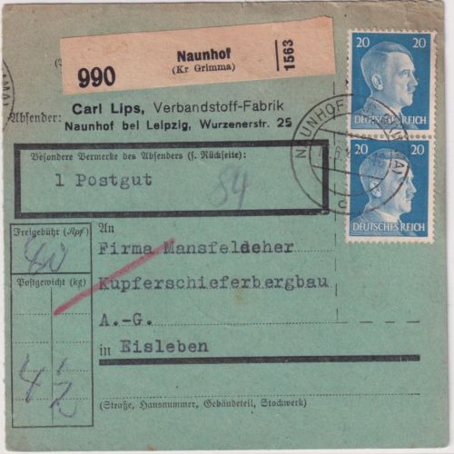 DR - 2x20 Pfg. AH Postgut-Paketkarte Naunhof - Eisleben 1943