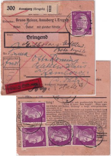 DR - 25x40 Pfg. AH Eilboten-Dringend-Paketkarte Annaberg - Kemberg 1942