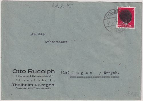 SBZ/RPD Chemnitz - 12 Pfg. AH/Schwärzung Brief Thalheim - Lugau 24.7.45