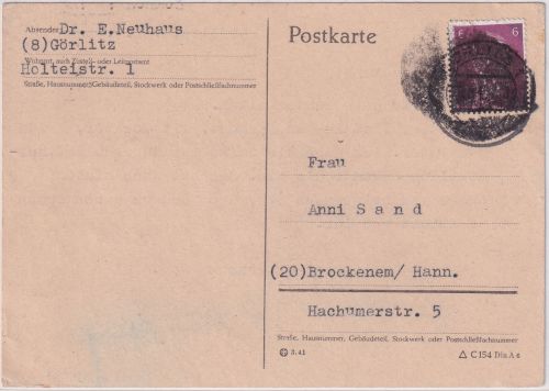 DR - 6 Pfg. AH Karte Görlitz - Brockenem 28.3.45 Überroller/Schwärzung
