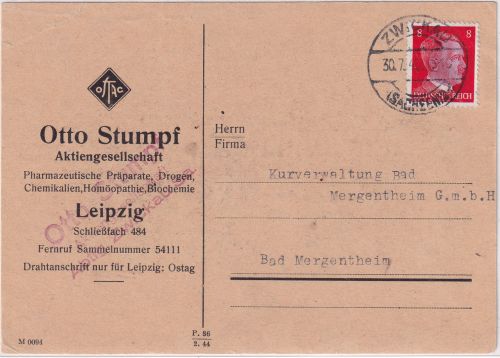 SBZ/RPD Chemnitz - 8 Pfg AH/Schwärzung Firmenkarte Zwickau - Mergentheim 30.7.45