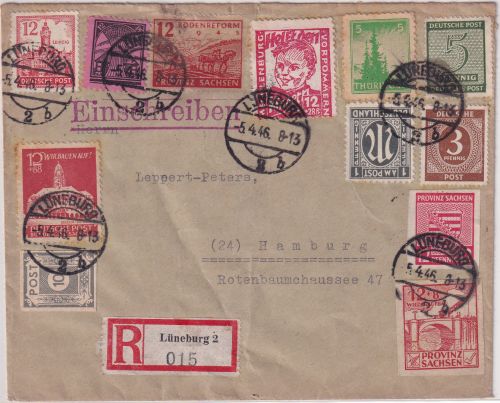 SBZ/Meck.Pom. - 12 Pfg. Kinderhilfe u.a. Einschreibebrief Lüneburg 5.4.46