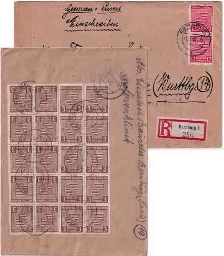 SBZ/Prov. Sachsen - 2x12+20x3 Pfg. Wappen Einschreibebrief Bernburg 1946