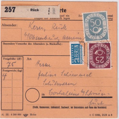 BRD - 50+25 Pfg. Posthorn Paketkarte Rück ü. Obernburg - Gochsheim 1953