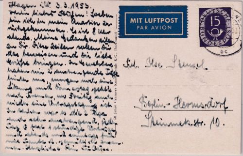 BRD - 15 Pfg. Posthorn Luftpostkarte Hagen - Berlin 1953