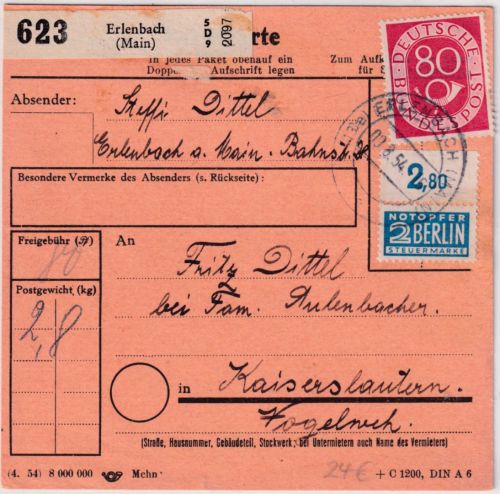 BRD - 80 Pfg Posthorn + 2 Pfg. Notopfer/Oberrand Paketkarte Erlenbach 1954