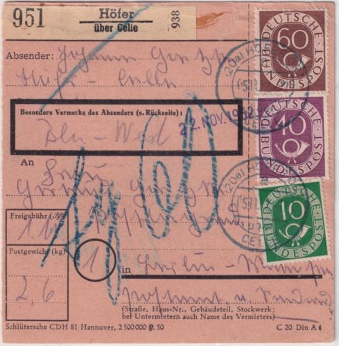 BRD - 60+40+10 Pfg Posthorn Paketkarte Höfer ü. Celle - Berlin/POSTLAGERND 1952