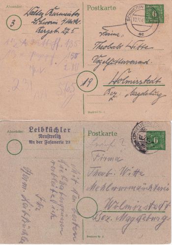 SBZ/Meck.Pom. - 6 Pfg. Ganzsache beide Kartonfarben Schwerin/Neustrelitz 1945/46
