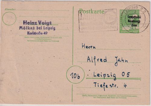 SBZ - 10 Pfg. Arbeiter/Aufdruck Ganzsache Ortskarte Leipzig 1948