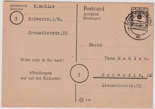 SBZ/OPD Schwerin - 6 Pfg. Ganzsache Behelfsausgabe Schwerin 9.8.45