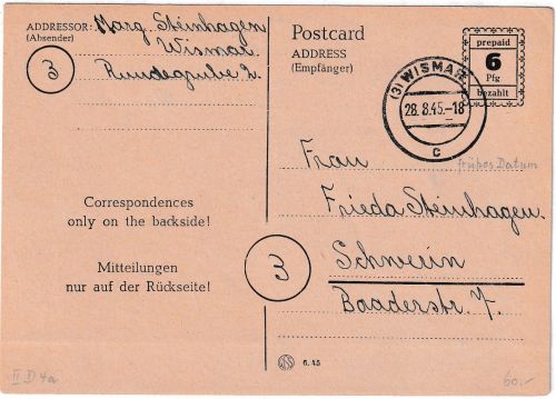 All.Bes./RPD Schwerin - 6 Pfg Ganzsache Behelfsausgabe Wismar - Schwerin 28.8.45