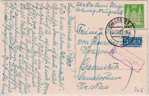 Bizone - 10 Pfg. Holstentor GA-Ausschnitt karte Coburg - Garmisch 1951 Nachporto