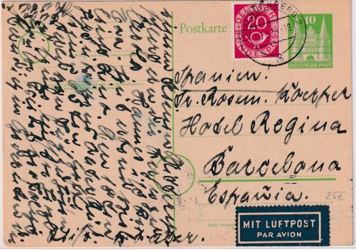 Bizone - 10 Pfg. Bauten Ganzsache+20 Pfg. Posthorn Luftpostkarte n. SPANIEN 1951