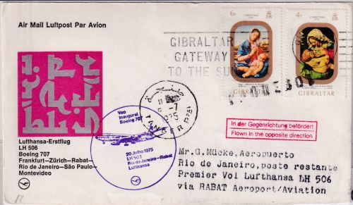 Gibraltar - 4+6 P. Weihnachten Zuleitungspost LH-Erstflug Rio - Rabat 1975