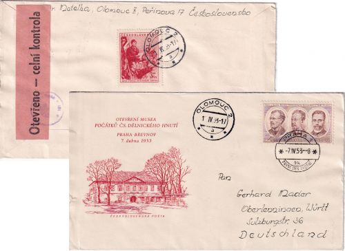 CSSR - 2 Kc. Schmuck-FDC Olmuc 1.4.53 n. Oberlenningen Zollkontrolle
