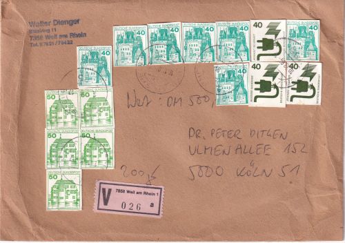 BRD - 5x50+10x40 Pfg. Ganzsachen-Ausschnitte Wertbrief Weil a/Rh. - Köln 1984