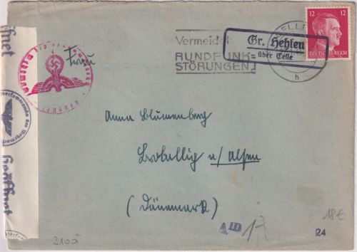 DR - Gr. Hehlen ü. Celle Landpost-Ra2 Brief/Europatarif n. DÄNEMARK 1943 Zensur
