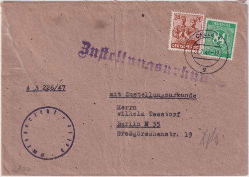 All.Bes. - 84+24 Pfg. Ziffer/Arbeiter Zustellurkunde Celle - Berlin 1947