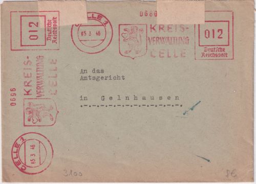 All.Bes. - Celle 1946 2x12 Pfg. AFS Kreisverwaltung Brief n. Gelnhausen