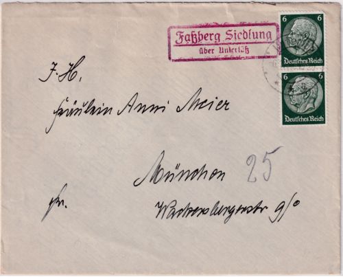 DR - Faßberg Siedlung ü. Unterlüß Landpost-Ra2 Brief n. München 1936