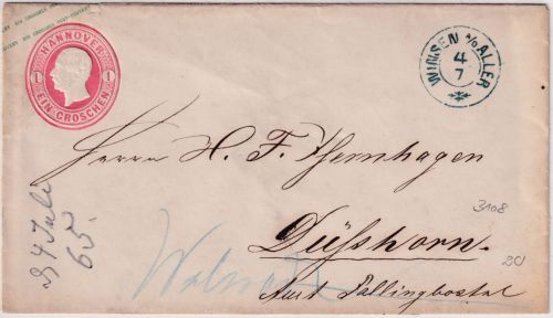 Hannover - 1 Gr. Ganzsachenumschlag klarer K2 Winsen A/D Aller n. Düßhorn 1865