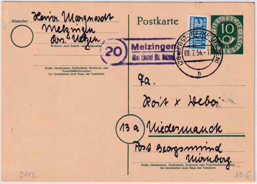 BRD - (20) Melzingen ü. Ebstorf (Kr. Uelzen) Landpost-Ra2 Ganzsache 1954