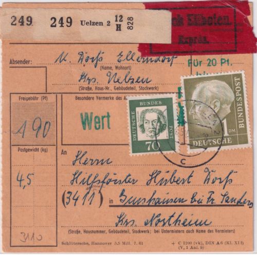 BRD - 1 M. Heuss u.a. Eilboten-Paketkarte Uelzen 2 - Northeim 1962